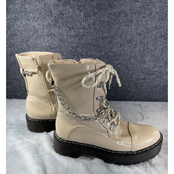 Unionbay womens size 7.5 kailee Combat chunky boots  patent leather Zip up Beige - Picture 1 of 16